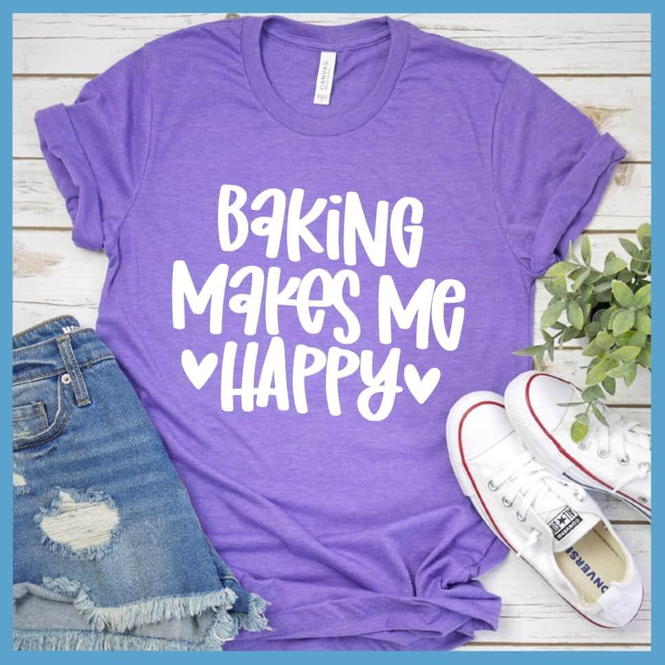 Baking Makes Me Happy T-Shirt Heather Purple - Graphic tee with 'Baking Makes Me Happy' in stylized font surrounded by love hearts