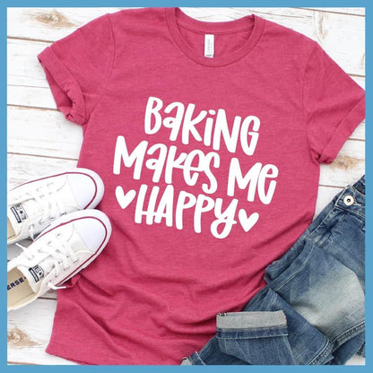 Baking Makes Me Happy T-Shirt Heather Raspberry - Graphic tee with 'Baking Makes Me Happy' in stylized font surrounded by love hearts