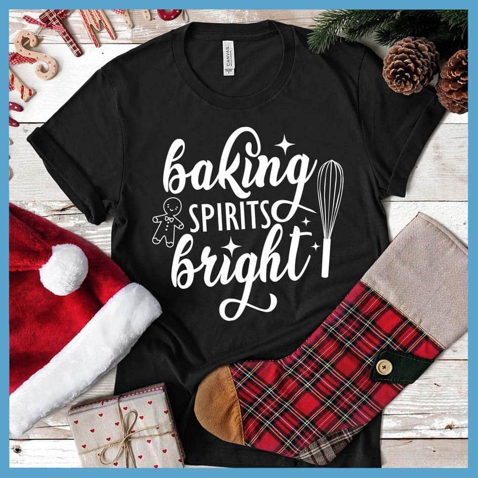 Baking Spirits Bright T-Shirt Black - Illustrated 'Baking Spirits Bright' text with festive kitchen utensils design on tee