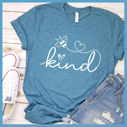 Bee Kind T-Shirt Heather Deep Teal - Bee Kind slogan graphic tee with heart and bee design promoting positivity.