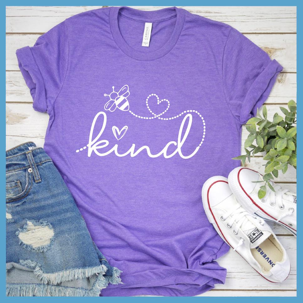 Bee Kind T-Shirt Heather Purple - Bee Kind slogan graphic tee with heart and bee design promoting positivity.