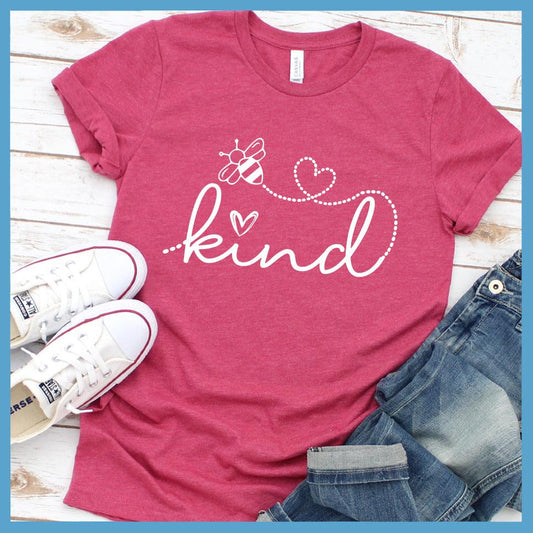 Bee Kind T-Shirt Heather Raspberry - Bee Kind slogan graphic tee with heart and bee design promoting positivity.