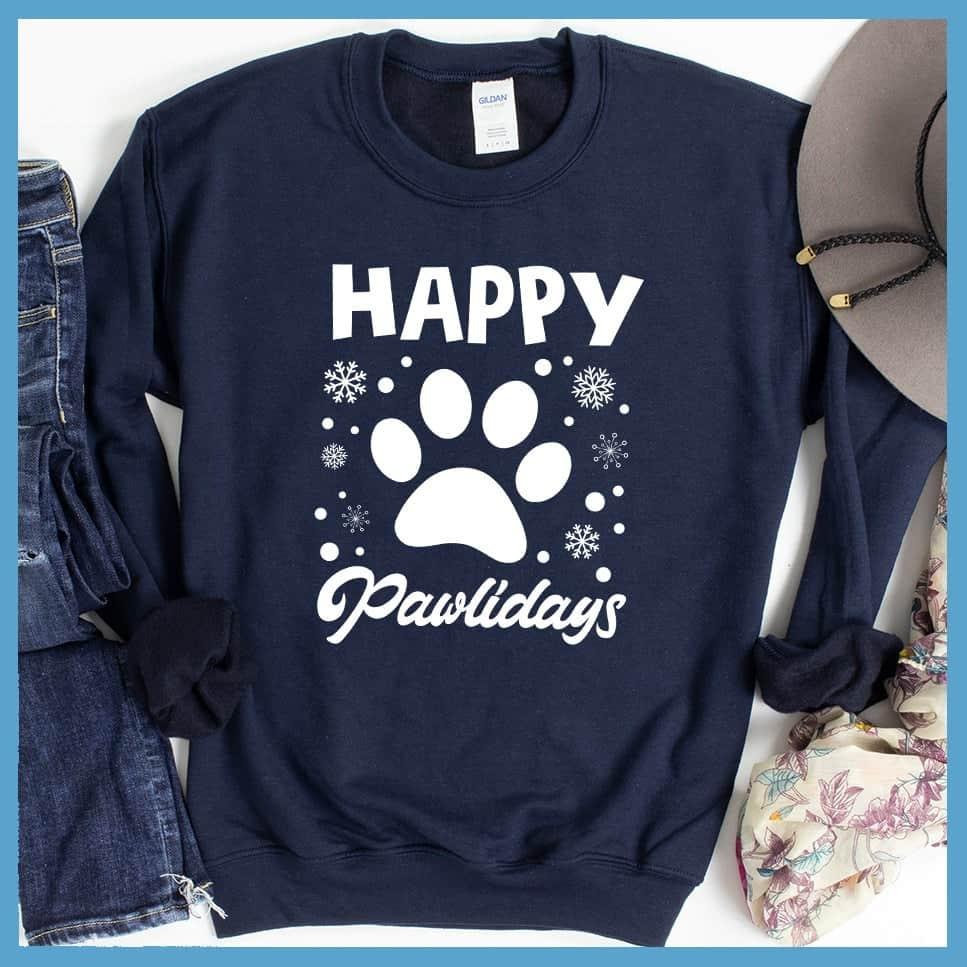 Happy Pawlidays Sweatshirt Navy - Happy Pawlidays festive sweatshirt with paw print and snowflakes design