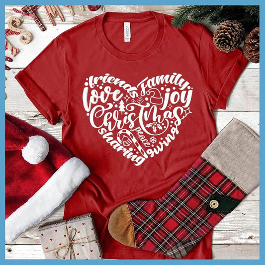 Christmas Heart T-Shirt Canvas Red - Festive Christmas heart design t-shirt with holiday words and motifs