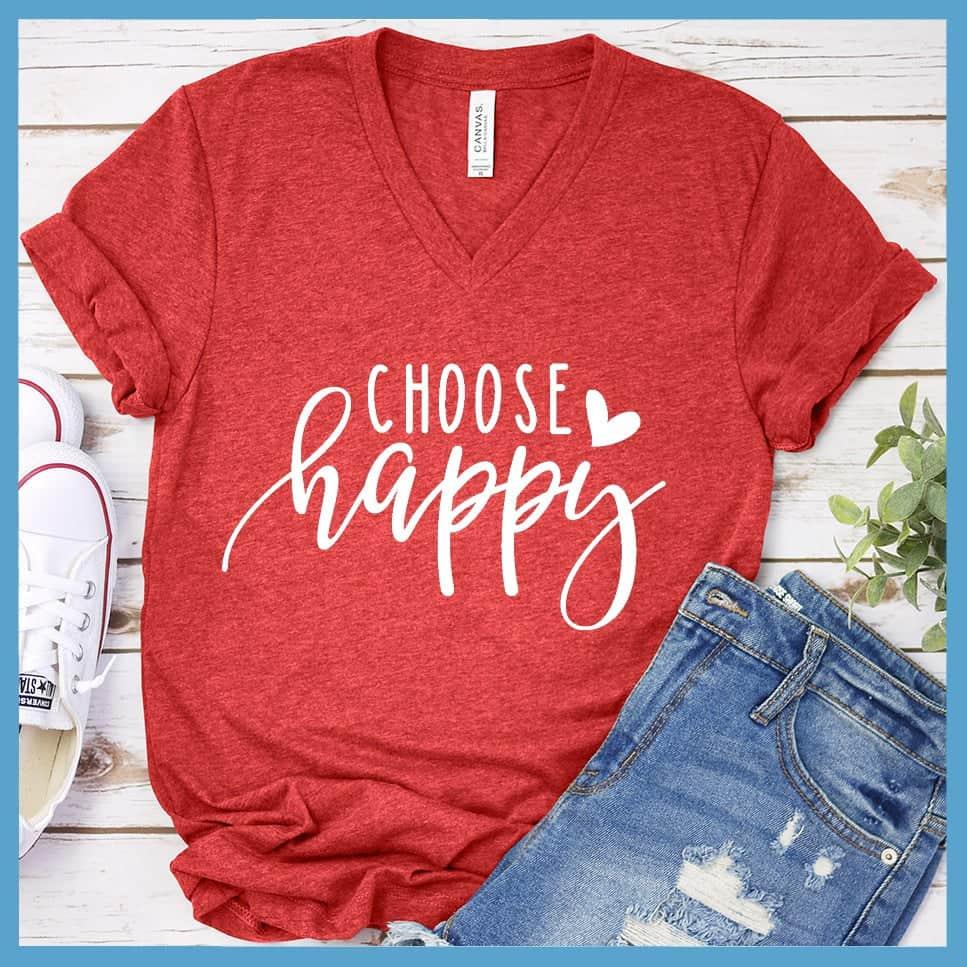 Choose Happy V-Neck Heather Red - "Choose Happy" inspirational V-neck tee in soft fabric perfect for versatile styling.