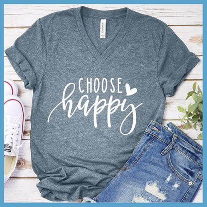 Choose Happy V-Neck Heather Slate - "Choose Happy" inspirational V-neck tee in soft fabric perfect for versatile styling.
