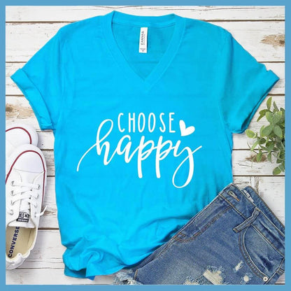 Choose Happy V-Neck Neon Blue - "Choose Happy" inspirational V-neck tee in soft fabric perfect for versatile styling.