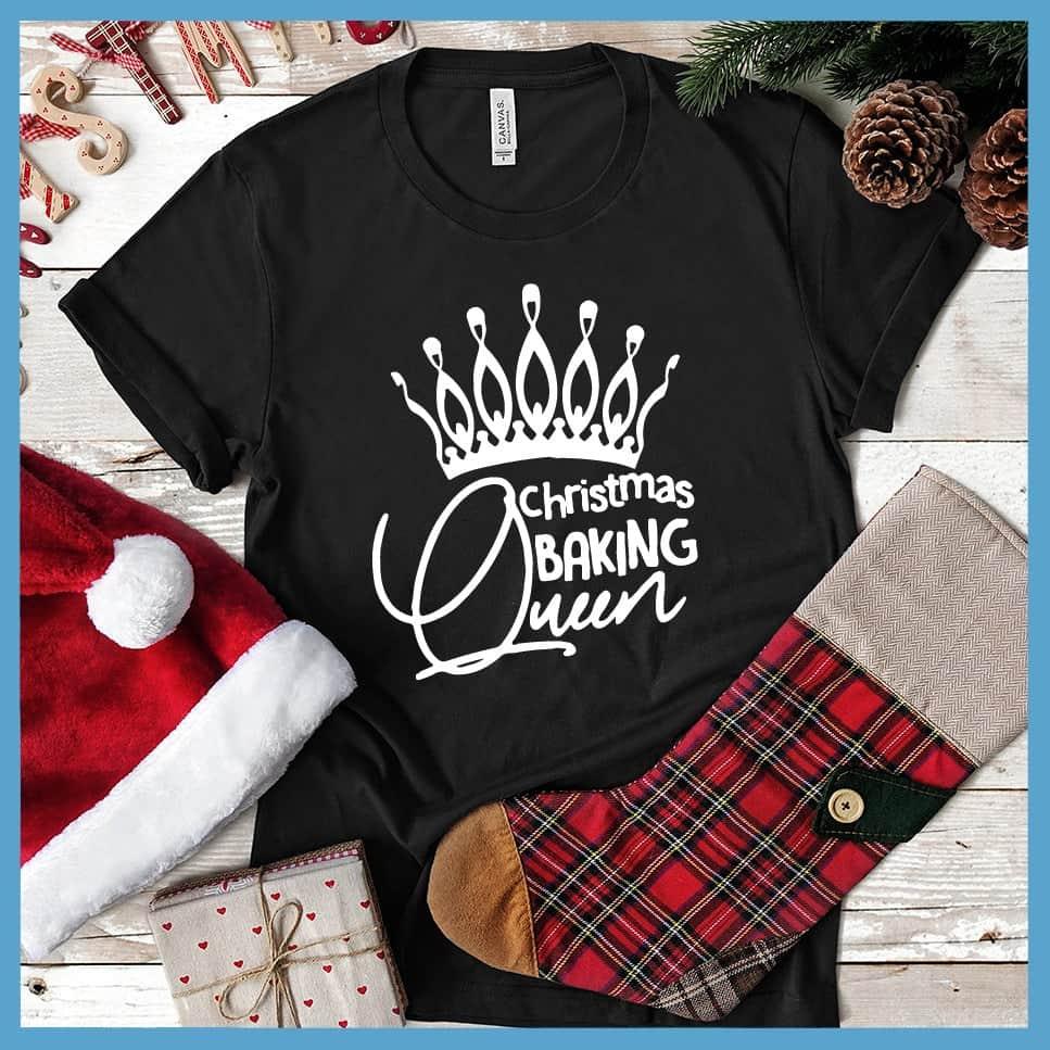 Christmas Baking Queen T-Shirt Black - Graphic tee featuring "Christmas Baking Queen" with a stylish crown design, ideal for holiday cooking enthusiasts.