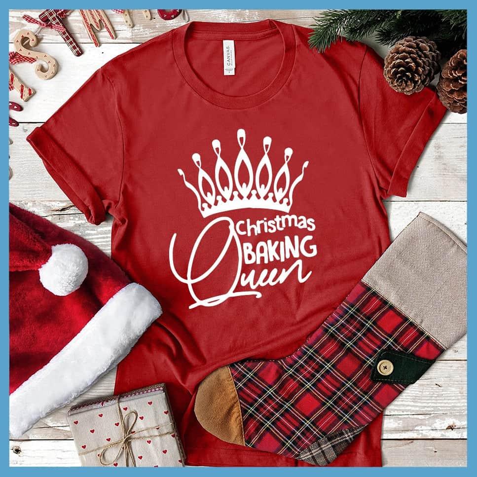 Christmas Baking Queen T-Shirt Canvas Red - Graphic tee featuring "Christmas Baking Queen" with a stylish crown design, ideal for holiday cooking enthusiasts.