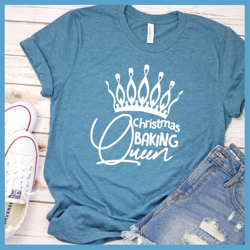 Christmas Baking Queen T-Shirt Heather Deep Teal - Graphic tee featuring "Christmas Baking Queen" with a stylish crown design, ideal for holiday cooking enthusiasts.