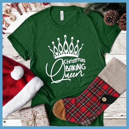 Christmas Baking Queen T-Shirt Heather Grass Green - Graphic tee featuring "Christmas Baking Queen" with a stylish crown design, ideal for holiday cooking enthusiasts.