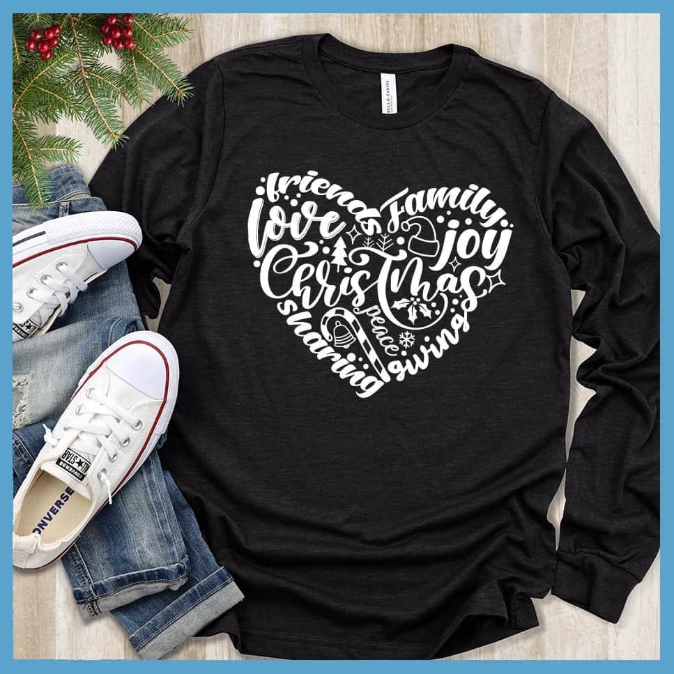 Christmas Heart Long Sleeves Black - Festive long sleeve shirt with Christmas themed heart design featuring holiday words
