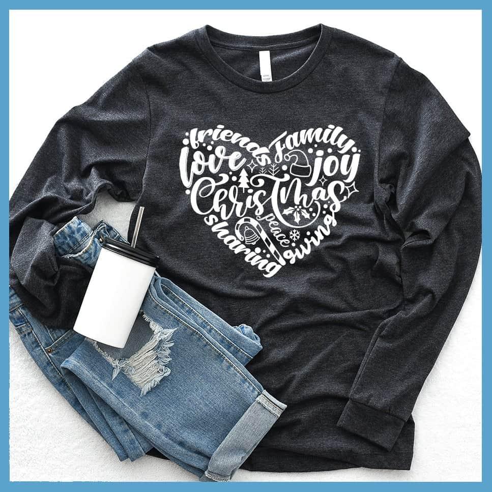 Christmas Heart Long Sleeves Dark Grey Heather - Festive long sleeve shirt with Christmas themed heart design featuring holiday words