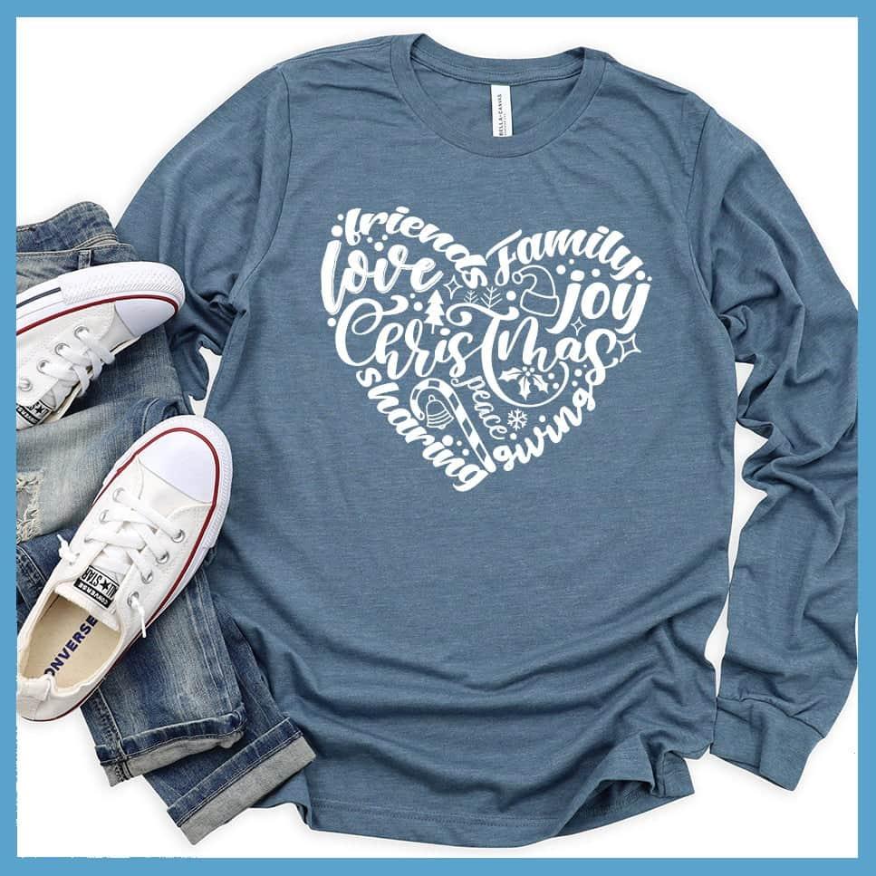 Christmas Heart Long Sleeves Heather Slate - Festive long sleeve shirt with Christmas themed heart design featuring holiday words