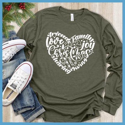 Christmas Heart Long Sleeves Military Green - Festive long sleeve shirt with Christmas themed heart design featuring holiday words