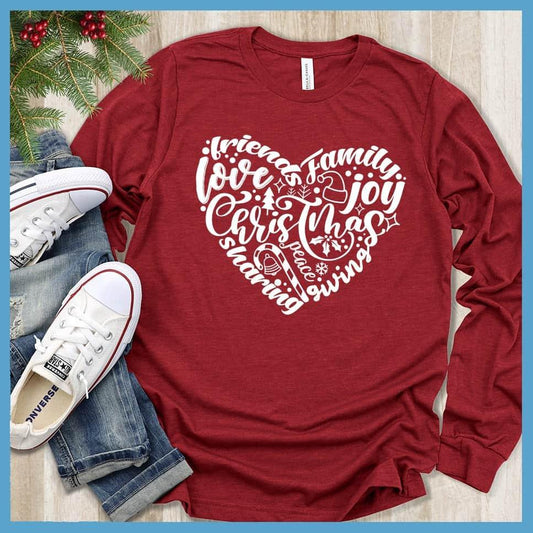 Christmas Heart Long Sleeves Red - Festive long sleeve shirt with Christmas themed heart design featuring holiday words