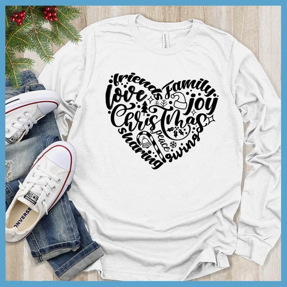 Christmas Heart Long Sleeves White - Festive long sleeve shirt with Christmas themed heart design featuring holiday words