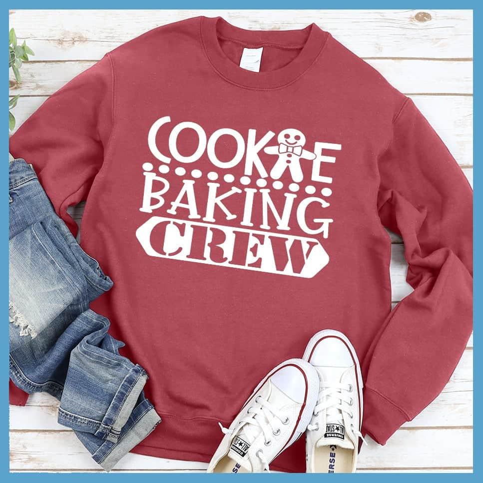 Cookie Baking Crew Sweatshirt Crimson - Festive 'Cookie Baking Crew' graphic on a sweatshirt for holiday bakers