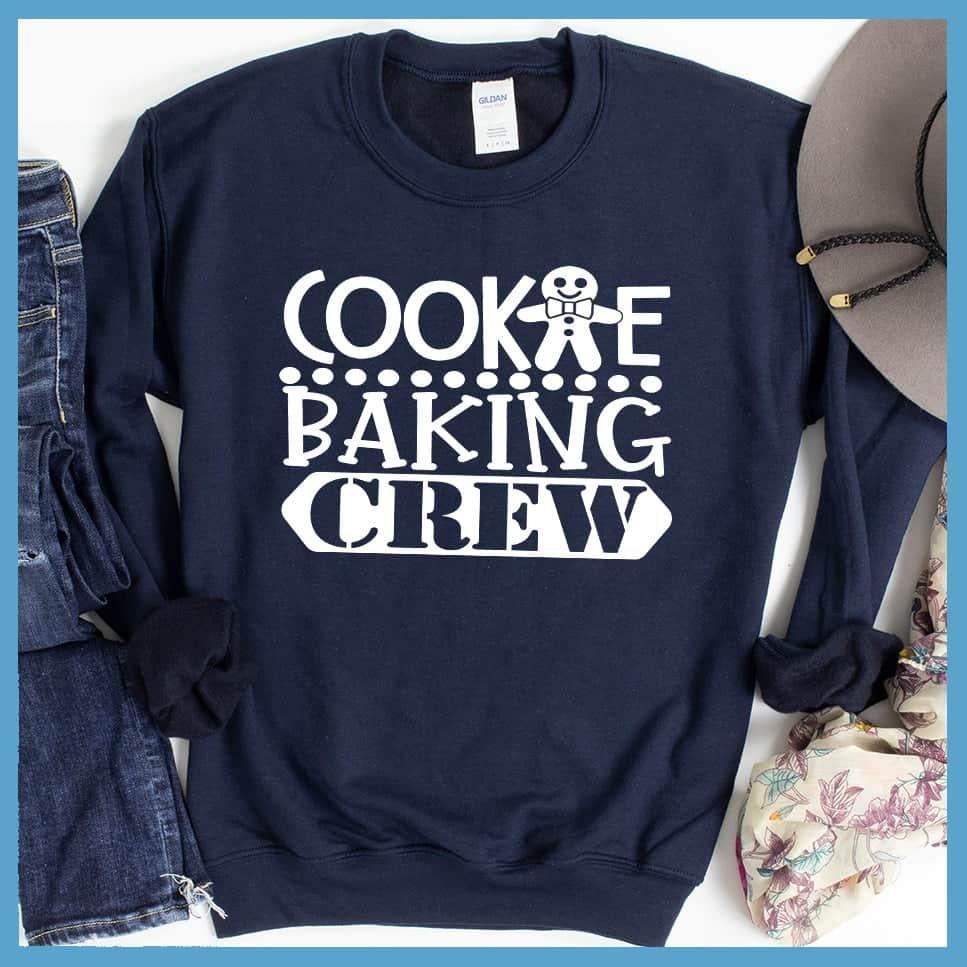 Cookie Baking Crew Sweatshirt Navy - Festive 'Cookie Baking Crew' graphic on a sweatshirt for holiday bakers