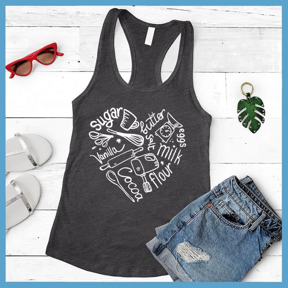 Bakery Heart Tank Top Dark Grey - Whimsical baking-inspired heart graphic on a casual tank top.