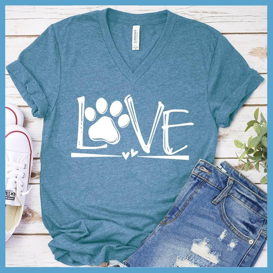 Dog Love V-Neck Heather Deep Teal - Playful Dog Love graphic on V-Neck shirt with paw & heart design, perfect for pet owners