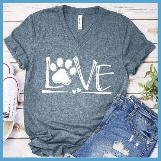 Dog Love V-Neck Heather Slate - Playful Dog Love graphic on V-Neck shirt with paw & heart design, perfect for pet owners