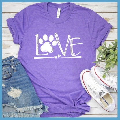 Dog Love T-Shirt Heather Purple - Stylish Dog Love T-Shirt with a paw print and heart design, great for dog owners