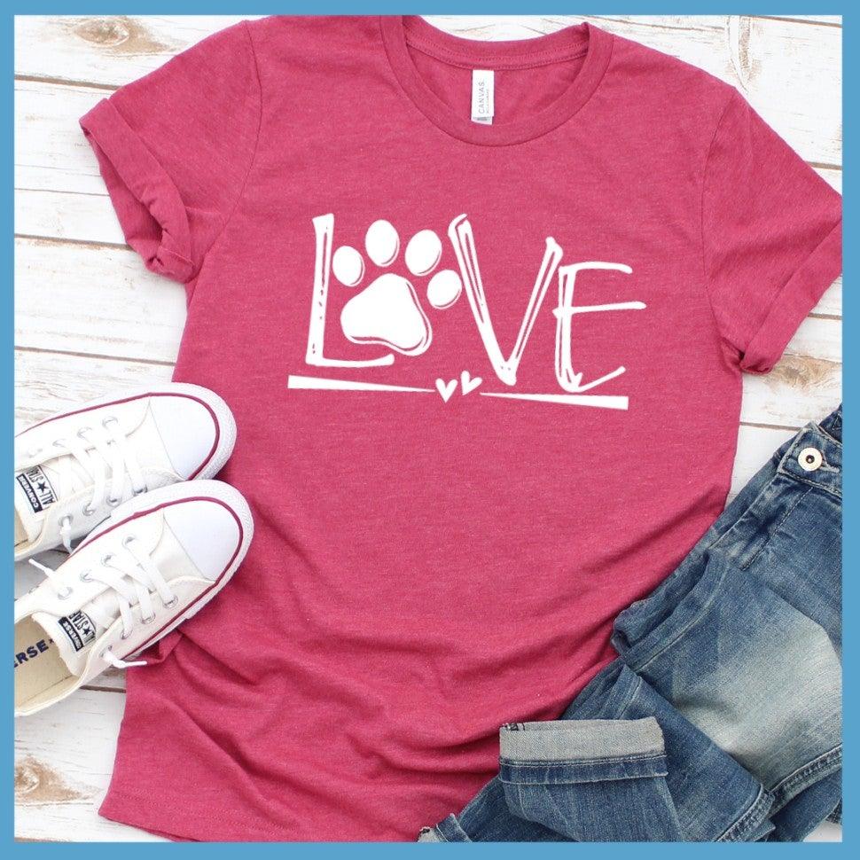 Dog Love T-Shirt Heather Raspberry - Stylish Dog Love T-Shirt with a paw print and heart design, great for dog owners