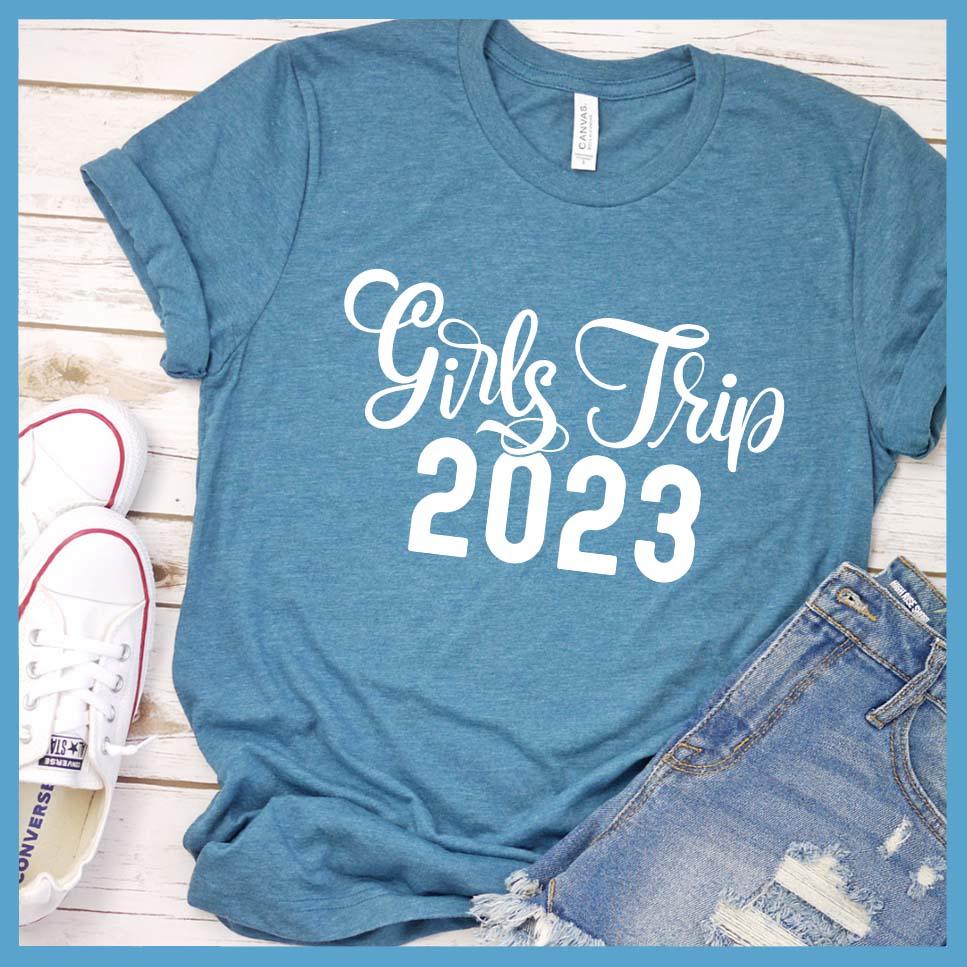 Girls Trip 2023 T-Shirt Heather Deep Teal - Graphic tee with 'Girls Trip 2023' text, ideal for group travel and friendship.