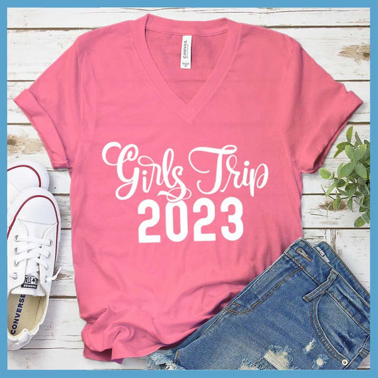 Girls Trip 2023 V-neck Neon Pink - Girls Trip 2023 V-neck T-shirt for trendy group travel and friendship bonding