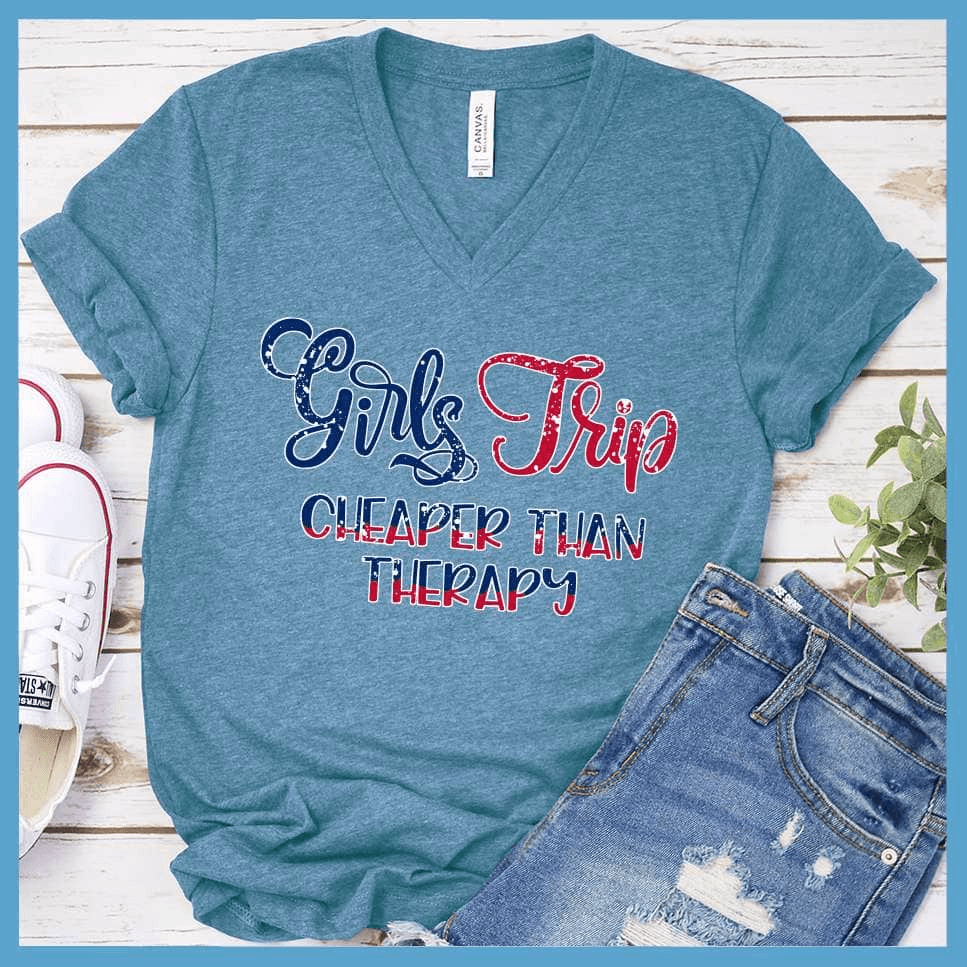 Girls Trip Colored Print Version 2 V-neck Heather Deep Teal - Vibrant Girls Trip slogan on V-neck tee perfect for group travel and bonding