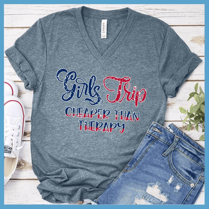 Girls Trip Colored Print Version 2 V-neck Heather Slate - Vibrant Girls Trip slogan on V-neck tee perfect for group travel and bonding