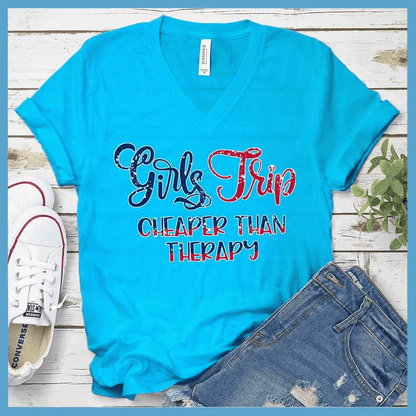 Girls Trip Colored Print Version 2 V-neck Neon Blue - Vibrant Girls Trip slogan on V-neck tee perfect for group travel and bonding