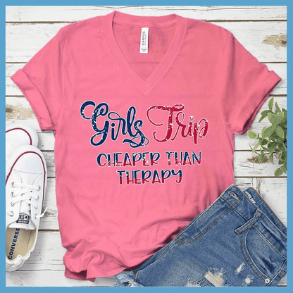 Girls Trip Colored Print Version 2 V-neck Neon Pink - Vibrant Girls Trip slogan on V-neck tee perfect for group travel and bonding