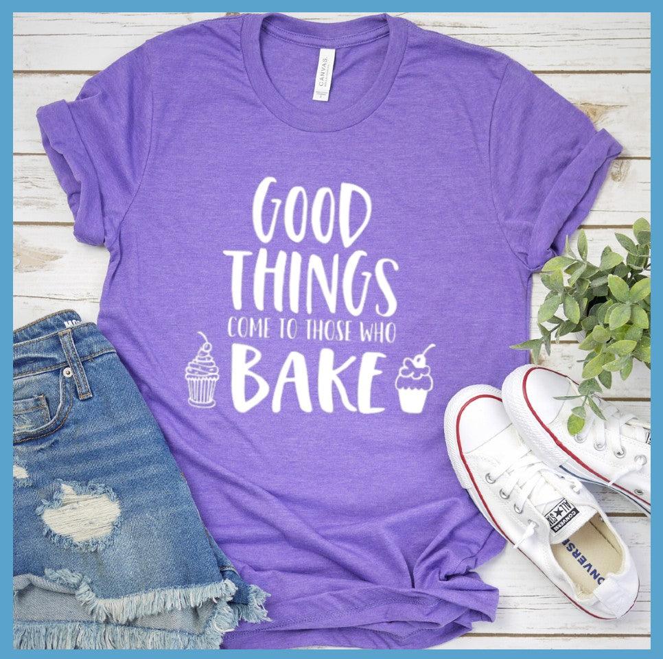 Good things Come to Those Who Bake T-Shirt Heather Purple - Culinary-inspired t-shirt design with 'Good Things Come to Those Who Bake' quote