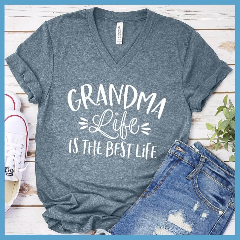 Grandma life is the best life V-neck Heather Slate - Grandma-themed graphic V-neck tee with heartwarming slogan.
