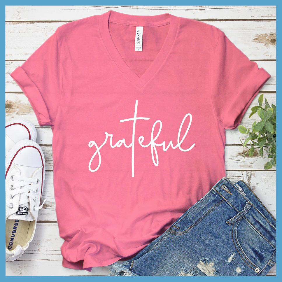 Grateful V-neck Neon Pink - Comfy V-neck tee with 'grateful' script design for effortless everyday style.