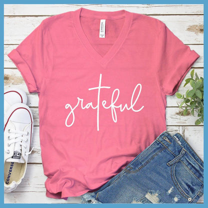Grateful V-neck Neon Pink - Comfy V-neck tee with 'grateful' script design for effortless everyday style.