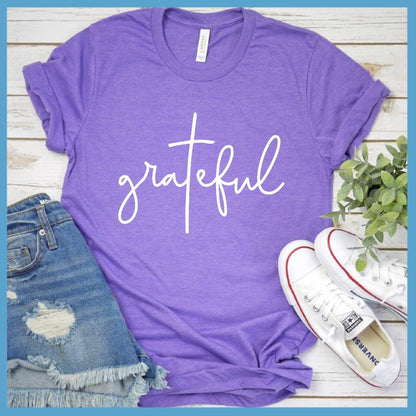 Grateful T-Shirt Heather Purple - Grateful cursive script on casual t-shirt for a positive vibe