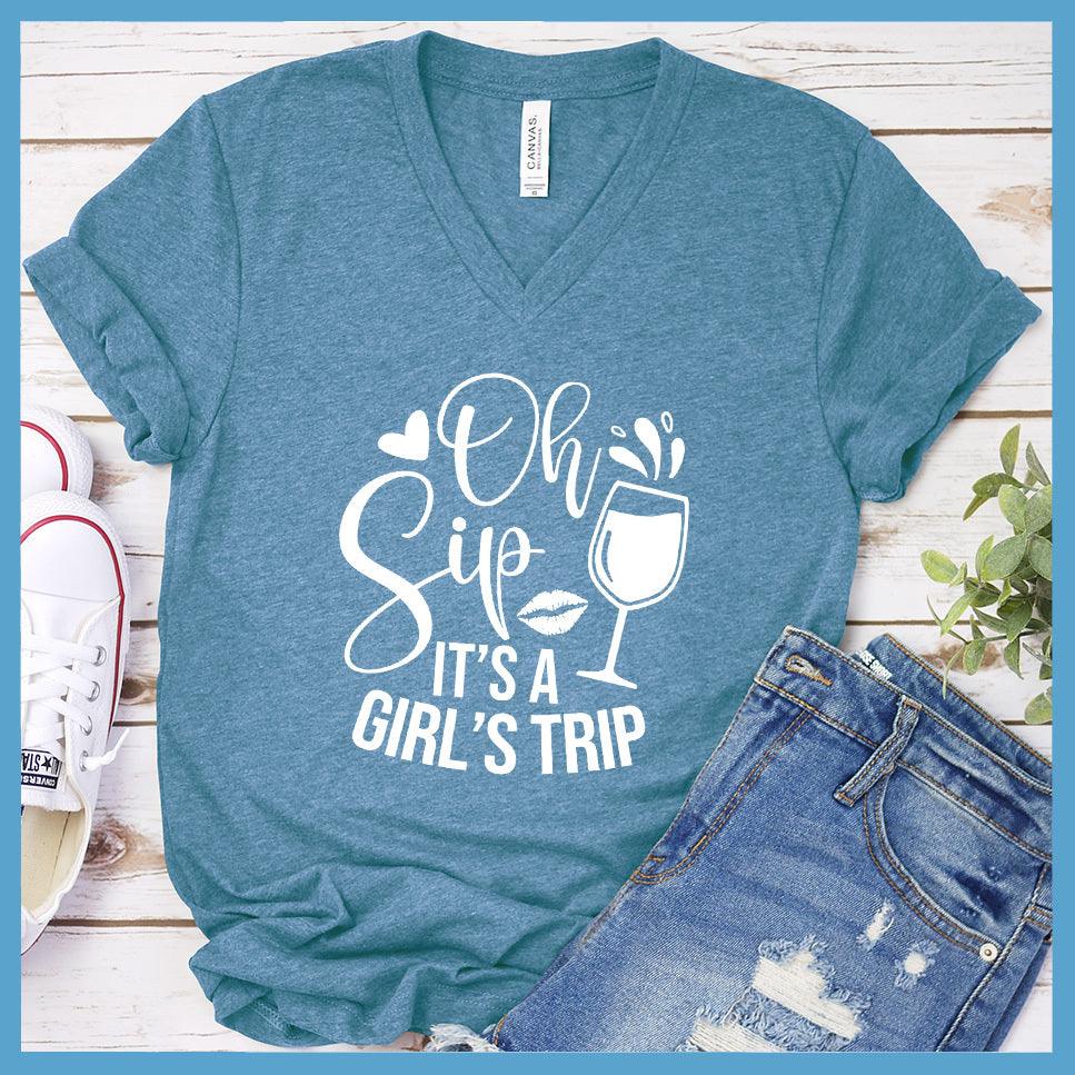 Oh Sip It's A Girl's Trip V-Neck Heather Deep Teal - Oh Sip It's A Girl's Trip v-neck tee with whimsical design and wine glass graphic