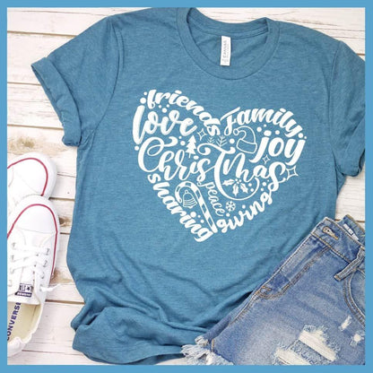 Christmas Heart T-Shirt Heather Deep Teal - Festive Christmas heart design t-shirt with holiday words and motifs