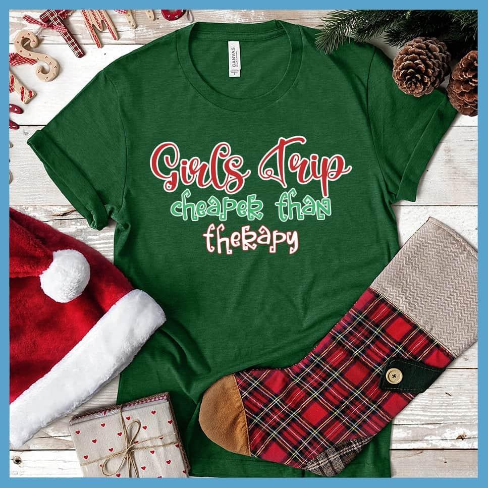 Girls Trip Colored Print Christmas Version 3 T-Shirt Heather Grass Green - Festive Girls Trip Christmas print tee with fun holiday slogan