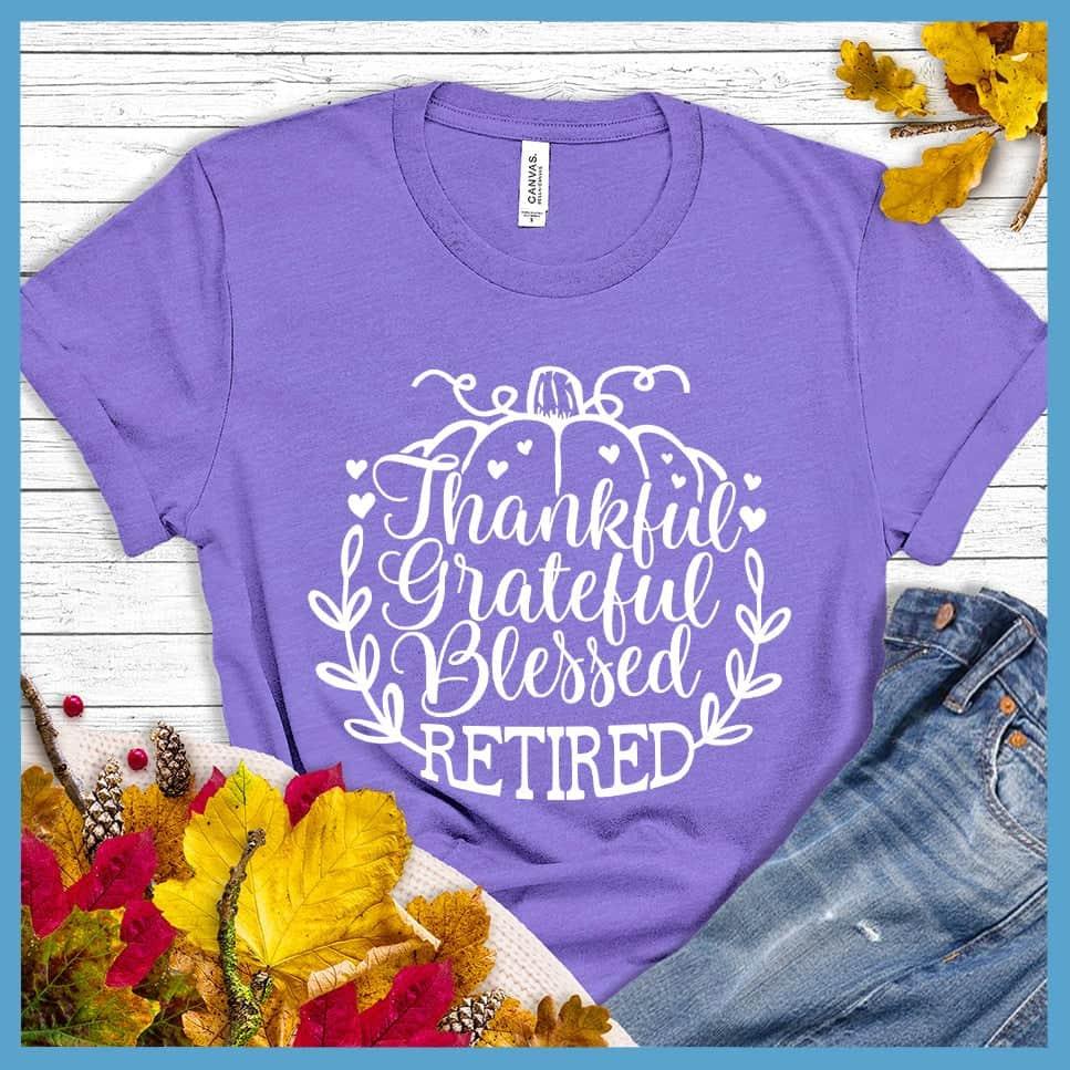 Thankful Grateful Blessed Retired T-Shirt Heather Purple - "Thankful Grateful Blessed Retired" text on T-Shirt for a retirement celebration.