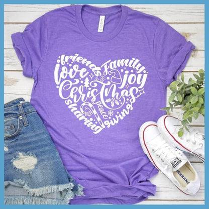 Christmas Heart T-Shirt Heather Purple - Festive Christmas heart design t-shirt with holiday words and motifs