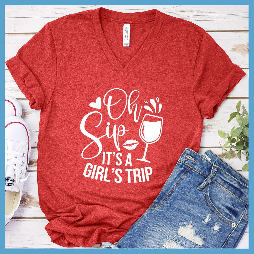 Oh Sip It's A Girl's Trip V-Neck Heather Red - Oh Sip It's A Girl's Trip v-neck tee with whimsical design and wine glass graphic