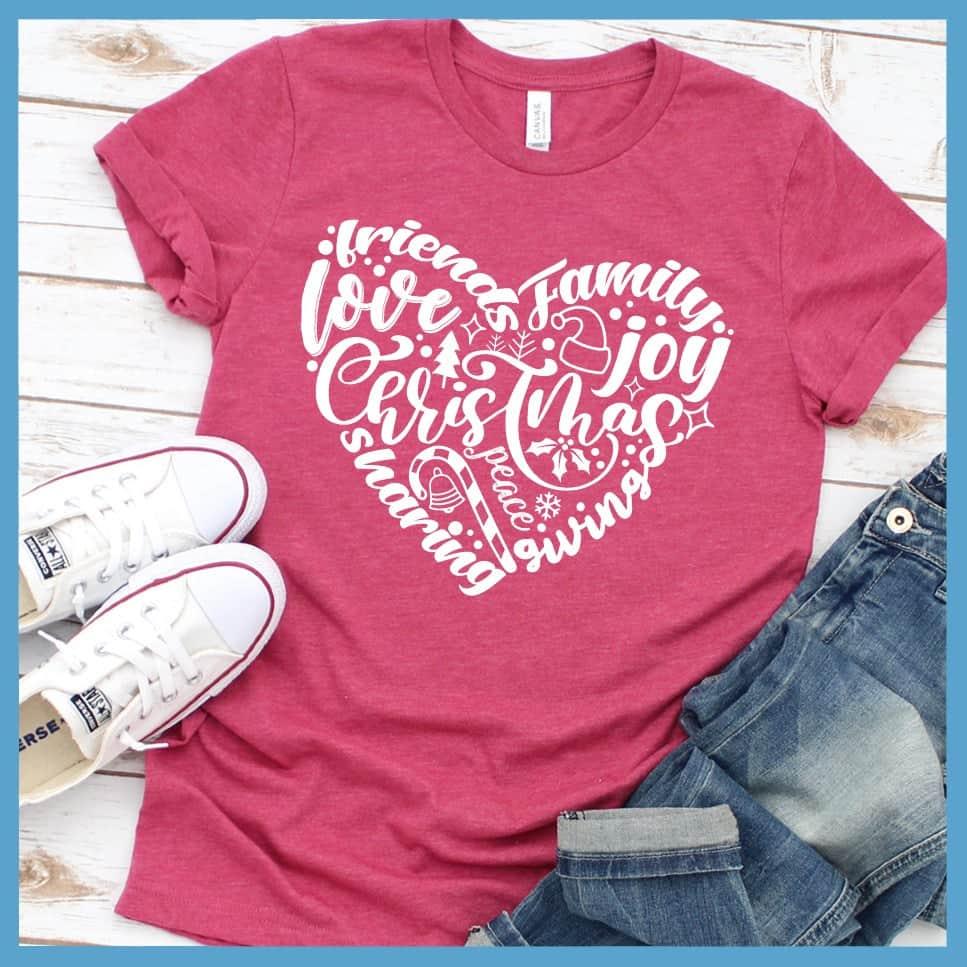 Christmas Heart T-Shirt Heather Raspberry - Festive Christmas heart design t-shirt with holiday words and motifs