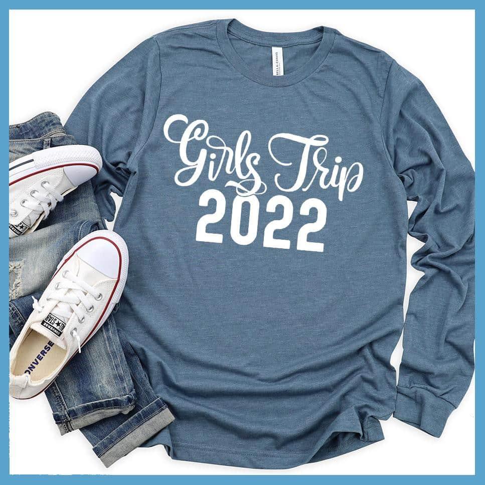 Girls Trip 2022 Long Sleeves Heather Slate - Comfy long sleeve tee with 'Girls Trip 2022' print for group travel and casual outings