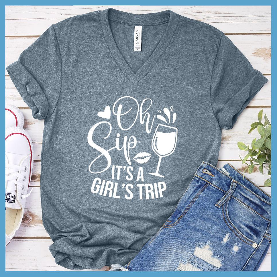 Oh Sip It's A Girl's Trip V-Neck Heather Slate - Oh Sip It's A Girl's Trip v-neck tee with whimsical design and wine glass graphic