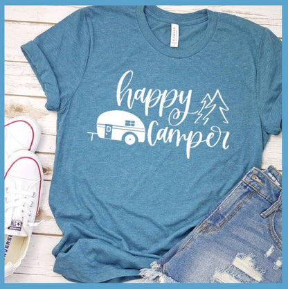 Happy Camper T-Shirt Heather Deep Teal - Fun Happy Camper T-Shirt with playful camper and trees design, perfect for outdoor enthusiasts.