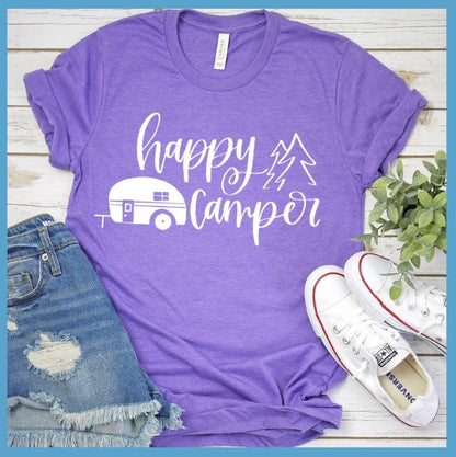 Happy Camper T-Shirt Heather Purple - Fun Happy Camper T-Shirt with playful camper and trees design, perfect for outdoor enthusiasts.